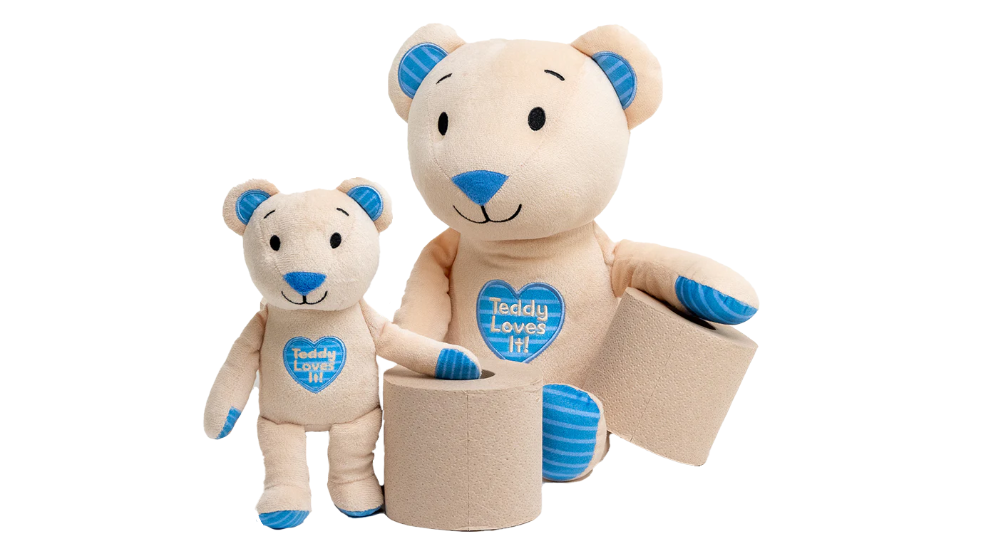 Two plush teddy bears with blue accents and 'Teddy Loves It!' text on a white background.